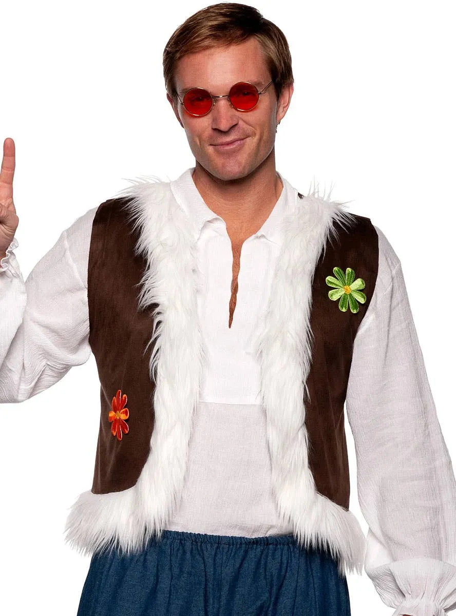 Woodstock Mens 1970s Hippie Costume Vest with Fur