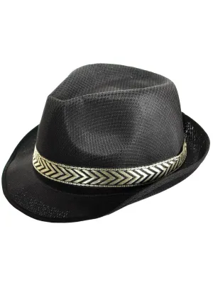 Woven Black Fedora Costume Hat with Gold Band