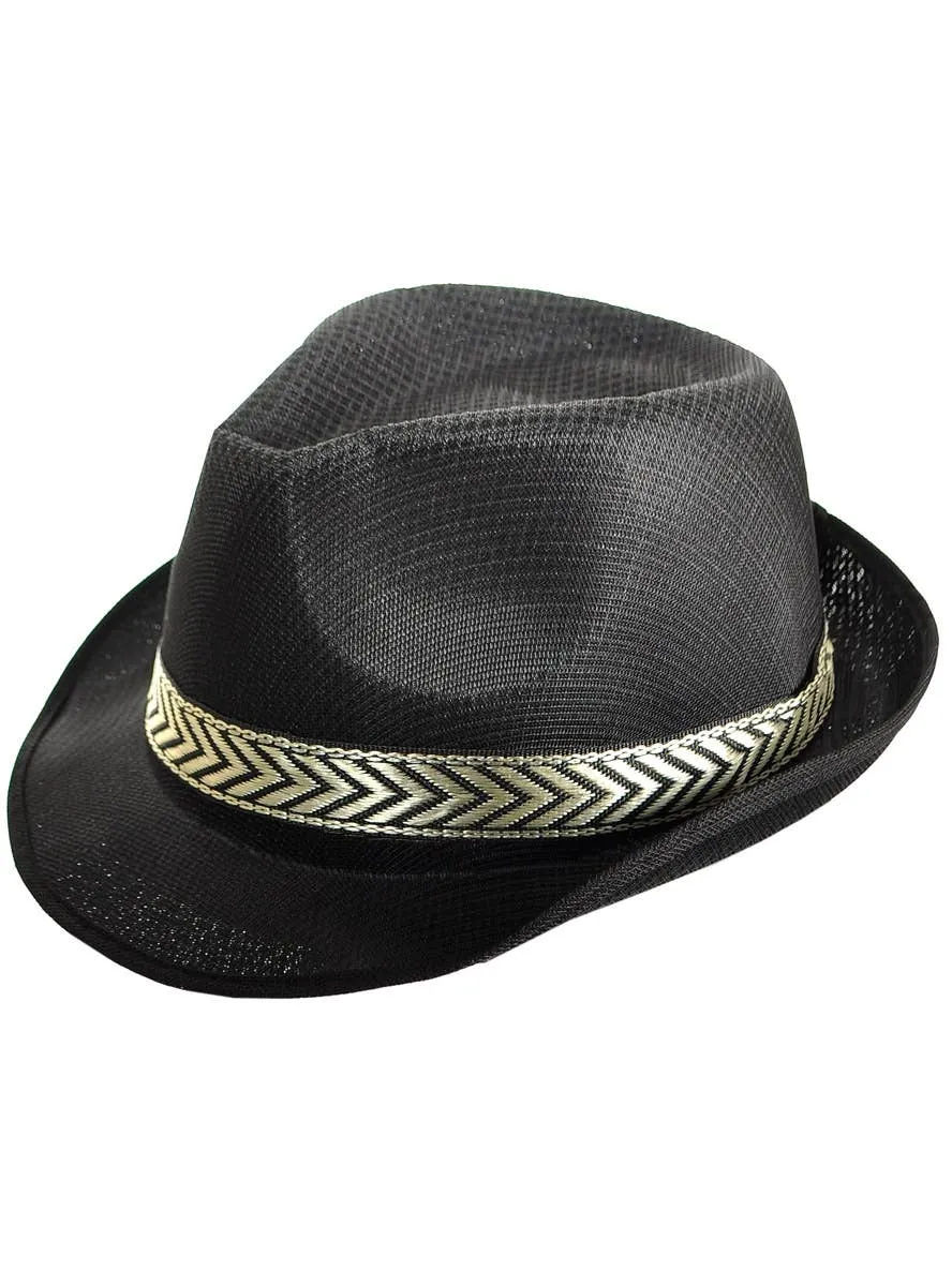 Woven Black Fedora Costume Hat with Gold Band