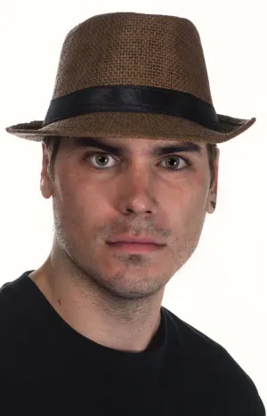 Woven Brown Straw Trilby Costume Hat