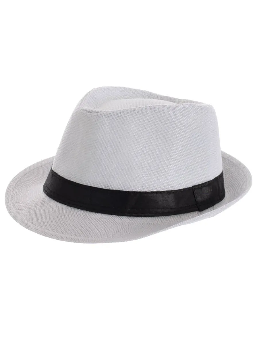 Woven White 1920s Mens Fedora Hat With Black Band