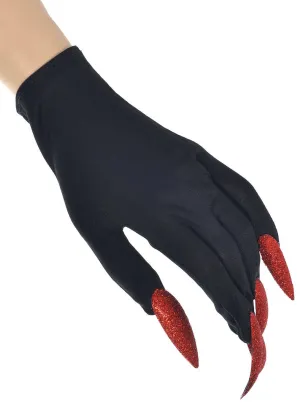 Wrist Length Black Witch Costume Gloves with Red Glitter Nails