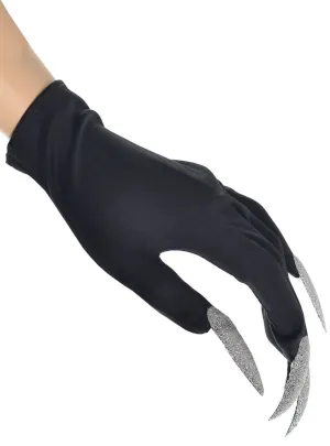 Wrist Length Black Witch Costume Gloves with Silver Glitter Nails